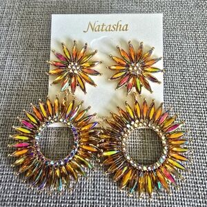 Natasha Gold Iridescent Rhinestone Crystal Round Gold Drop Dangle Earrings